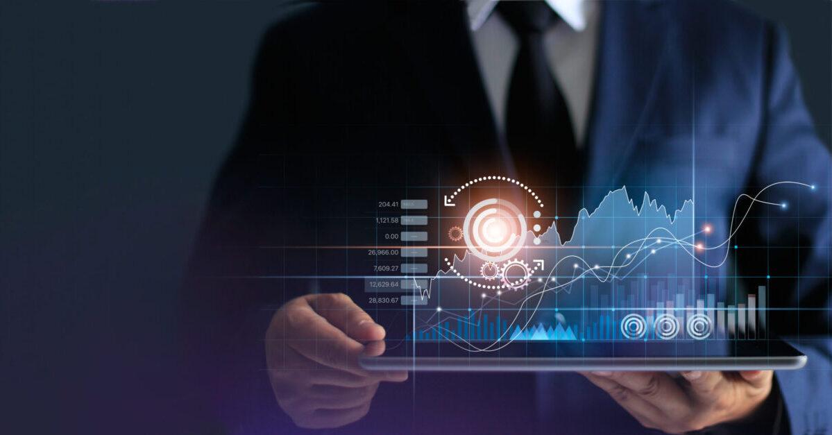 Businessman using tablet analyzing sales data and economic growth graph chart. Business strategy. Abstract icon. Stock market, Banking and Digital marketing.