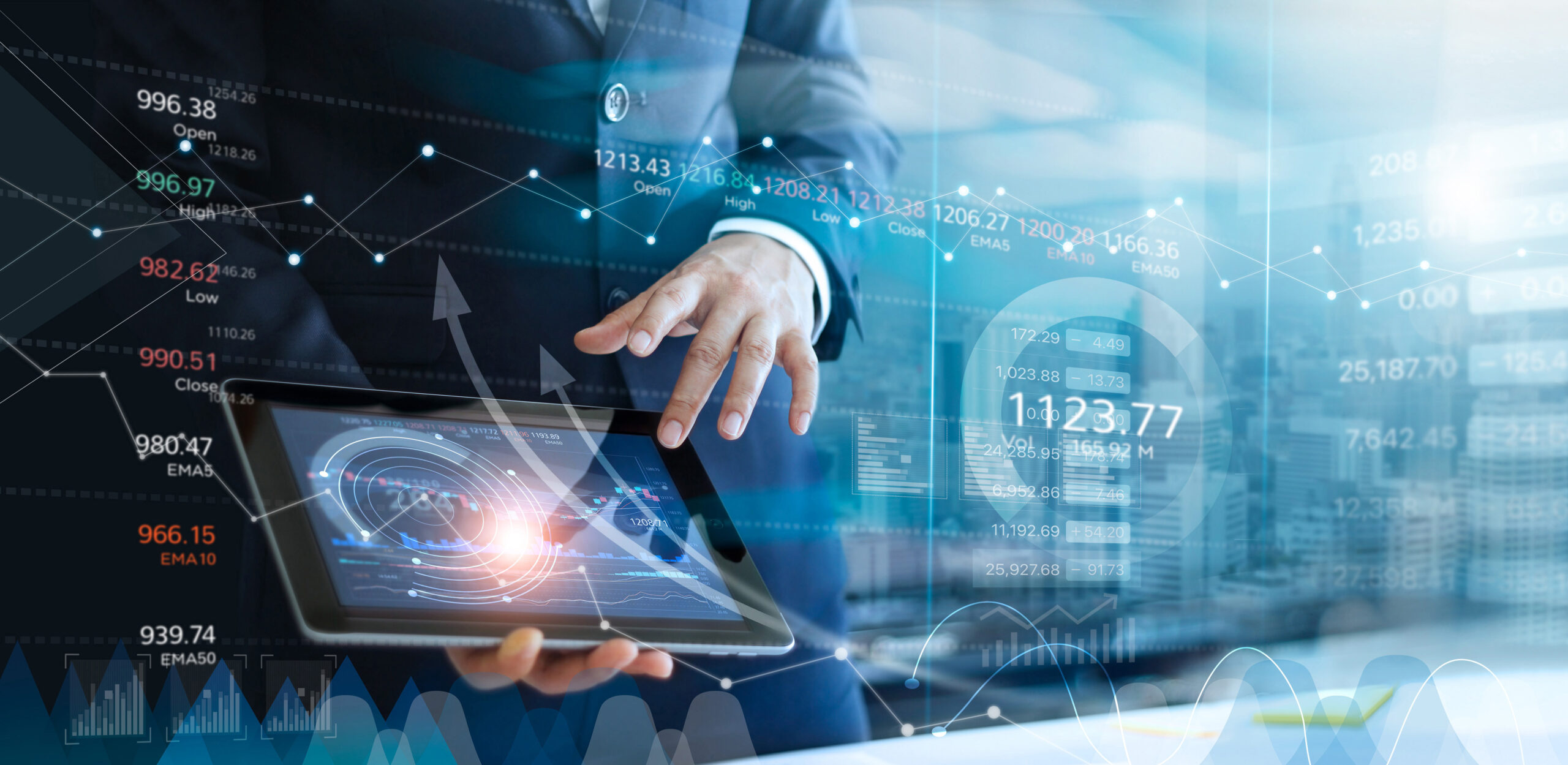 Businessman using tablet analyzing sales data and economic growth graph chart. Roport. Business strategy. Abstract icon. Stock market. Digital marketing.