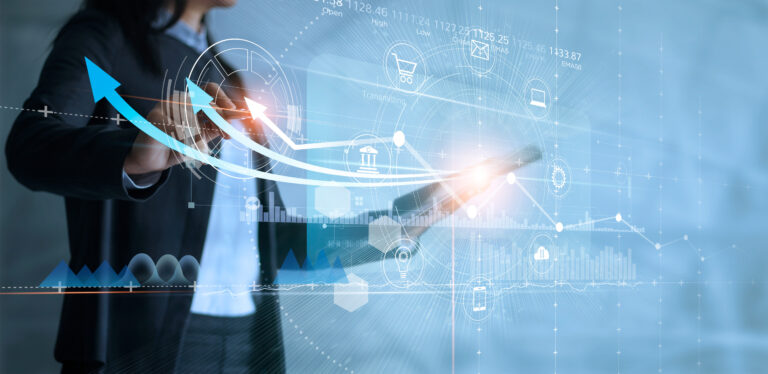 Business woman using tablet analyzing sales data and drawing growth graph with icon customer network connection on virtual interface, Business strategy, Digital marketing.