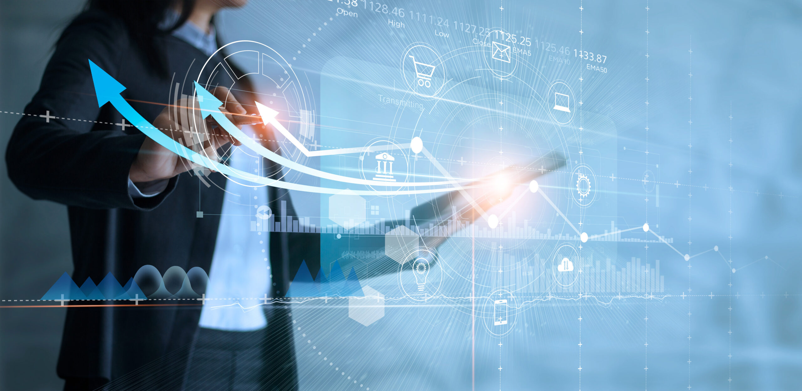 Business woman using tablet analyzing sales data and drawing growth graph with icon customer network connection on virtual interface, Business strategy, Digital marketing.